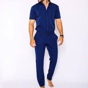 RomperJack Chateaux Navy Pinstripe Jumpsuit Size Medium